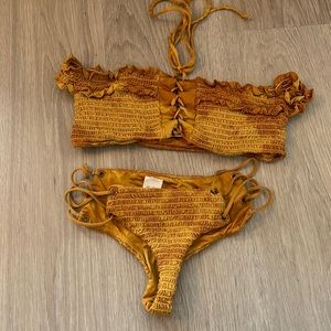 Blue Life Honey Yellow Tye Dye Scrunched Off the Shoulder Bikini